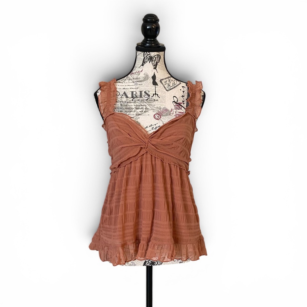 Max Studio Top Women Large Rust Ruffle Mesh Smocked Peplum 5707Z70 Boho Romantic